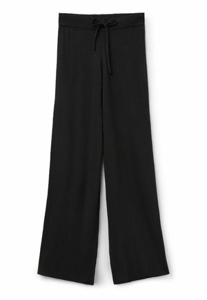 Zwarte wijde broek gemaakt van zachte stof, met een elastische tailleband en een gladde textuur, in een ontspannen en vloeiende stijl.