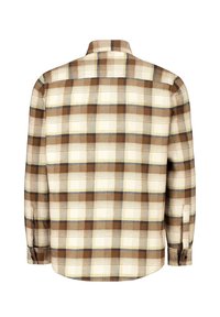 Braun-beige karierte Flanellhemd mit langen Ärmeln und Knopfmanschetten, von hinten auf einem weißen Hintergrund gezeigt.
