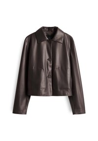 Braune Lederjacke mit cropped Schnitt, Kragen, zwei vorderen Taschen und drei Knöpfen. Glatte Textur und taillierte Passform.