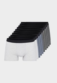 Pack von Boxershorts in Grau- und Blautönen, mit einem schwarzen elastischen Bund und einer weichen, glatten Stoffstruktur. Insgesamt zehn Stück.