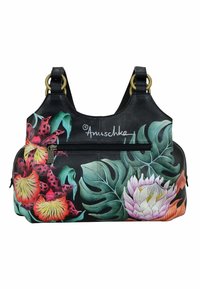 Zwarte leren handtas met levendige bloemenpatronen in roze, oranje en groen. Inclusief een ritsvak en gouden hardwareaccenten.