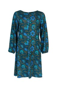 Blumenkleid aus reichhaltigem Teal-Stoff mit blauen Blumen, langen Puffärmeln und einem runden Halsausschnitt mit einem Knopfverschluss auf der Rückseite.