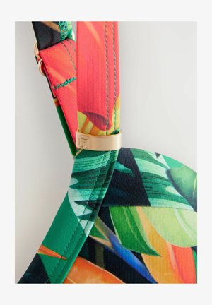 Bunte BH-Träger mit einer Mischung aus grünen und orangefarbenen tropischen Blättern, akzentuiert mit goldfarbener Metallbeschlägen zur Einstellbarkeit der Größe.