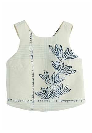Top crem fără mâneci cu linii albastre în carouri și broderie florală punctată în față, cu bretele late și decolteu pătrat.