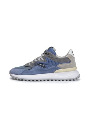 Men's sneakers with mixed materials including blue suede, grey accents, and mesh. Features a white midsole and textured rubber outsole.