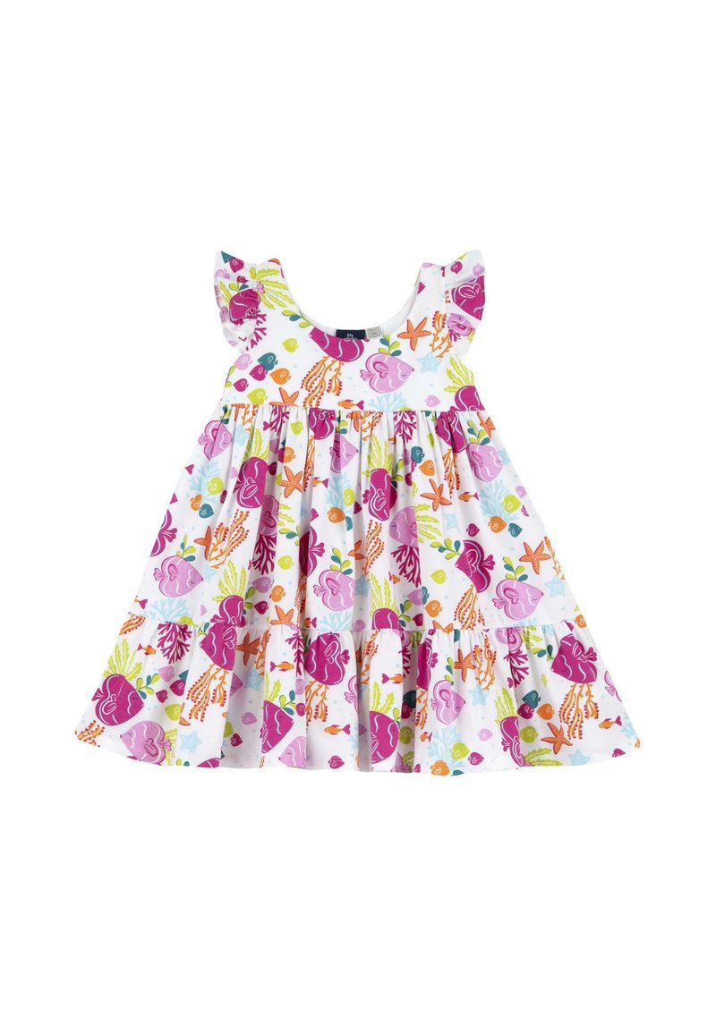 Vit bomullsklänning med färgglada blommönster och marina mönster, volangärmar och flermedad design.