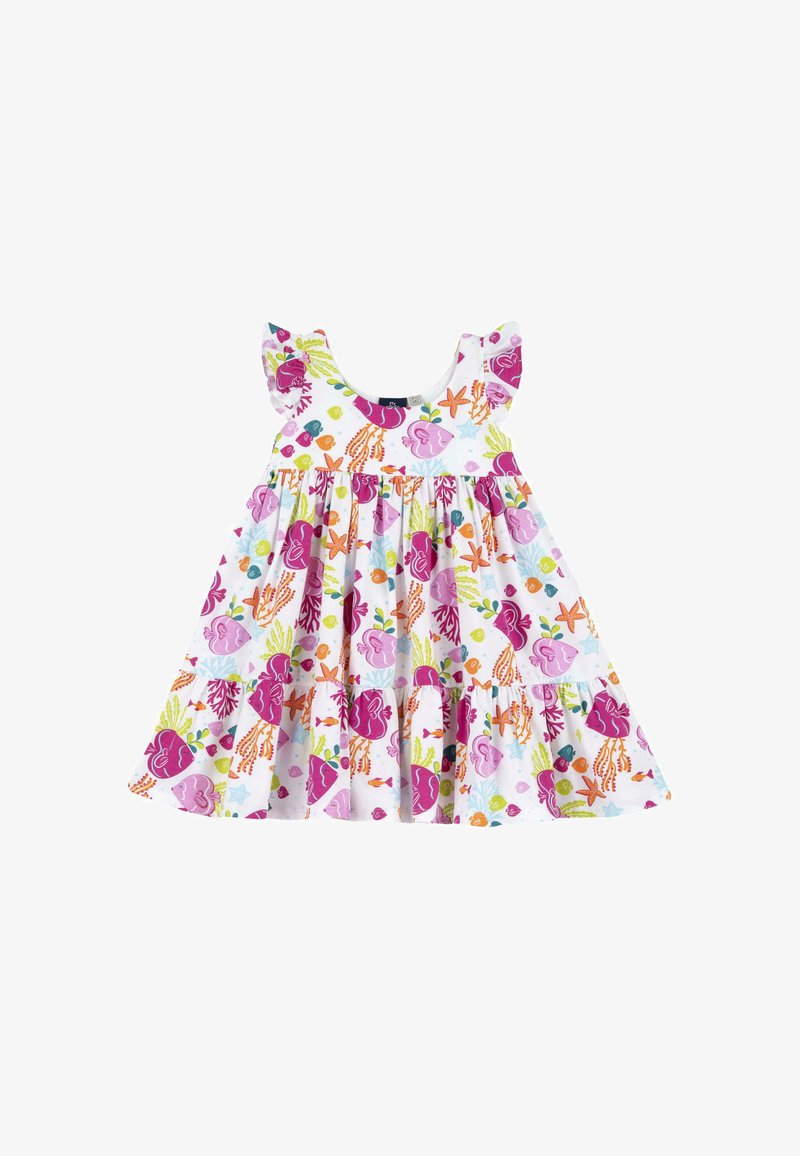 Vit bomullsklänning med färgglada blommönster och marina mönster, volangärmar och flermedad design.