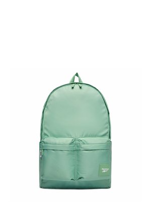 Zaino Reebok verde menta con due tasche frontali con cerniera e una maniglia superiore su sfondo bianco.