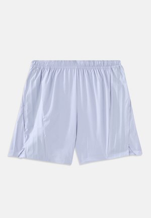 Hellgraue elastische Sportshorts mit seitlichen Schlitzen und vertikalen Nahtdetails auf weißem Hintergrund.