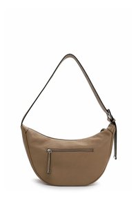 Borsa a spalla in pelle tan con forma curva, cinturino singolo, chiusura zip superiore e tasca esterna con zip. Texture liscia con minimo utilizzo di hardware.