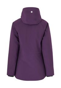Fioletowa kurtka z kapturem, o prostym kroju i długich rękawach. Na plecach widoczna jest mała logo. Wykonana z fakturowanego, odpornego na warunki atmosferyczne materiału.