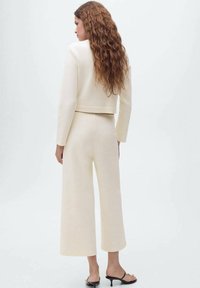 Gekürzter cremefarbener Blazer und weite Hose, beide aus glattem Stoff. Die Rückansicht zeigt den gespaltenen Saum und ein zurückhaltendes Design mit einfachen Linien.