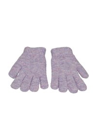 Paarse gebreide handschoenen met een geribbelde boord, een zachte textuur en een ontwerp met vier vingers met lichte kleurvariaties.
