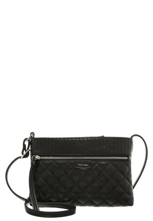 Black quilted crossbody bag with silver zipper and adjustable strap on white background.