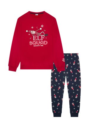Haut de pyjama rouge à manches longues avec le graphique "ELF SQUAD" ; pantalon bleu marine orné de motifs d'elfes, de cannes de Noël et de flocons de neige. Tissu en mélange de coton.