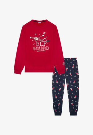 Red long-sleeve pajama top with "ELF SQUAD" graphic; navy pants featuring elf, candy cane, and snowflake patterns. Cotton blend fabric.