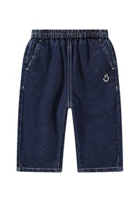 Shorts in denim blu scuro con vita elastica, due tasche frontali e una piccola faccina sorridente bianca ricamata sul lato sinistro in basso.