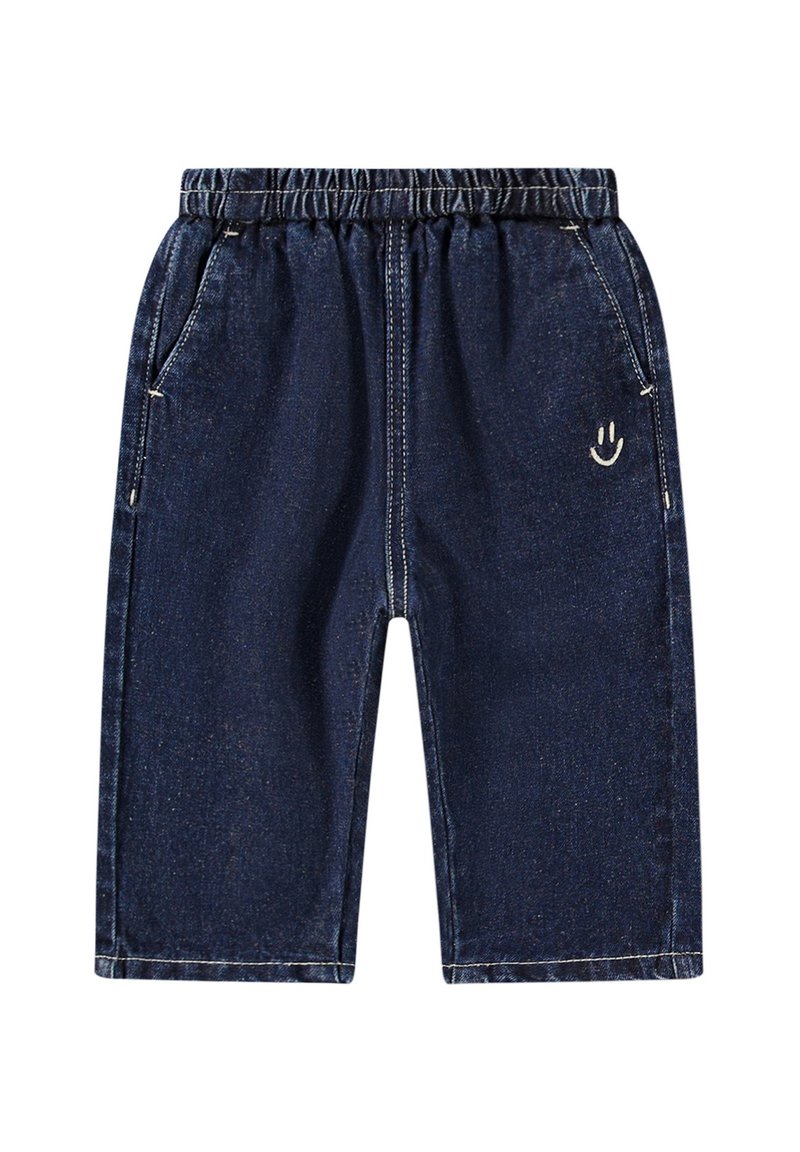 Shorts in denim blu scuro con vita elastica, due tasche frontali e una piccola faccina sorridente bianca ricamata sul lato sinistro in basso.