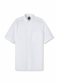 Herren weißes kurzärmliges Hemd mit Knopfleiste, Kragen und Brusttasche, flach auf einem weißen Hintergrund präsentiert.