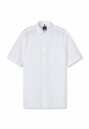 Herren weißes kurzärmliges Hemd mit Knopfleiste, Kragen und Brusttasche, flach auf einem weißen Hintergrund präsentiert.