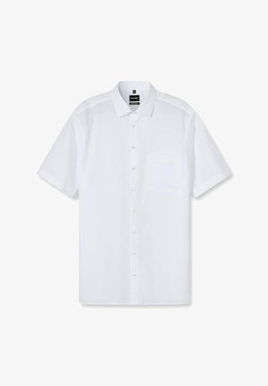 Herren weißes kurzärmliges Hemd mit Knopfleiste, Kragen und Brusttasche, flach auf einem weißen Hintergrund präsentiert.