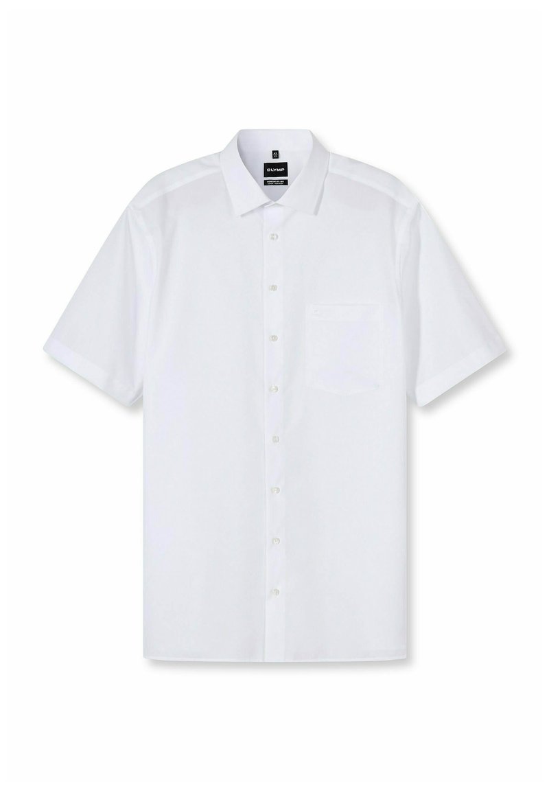 Herren weißes kurzärmliges Hemd mit Knopfleiste, Kragen und Brusttasche, flach auf einem weißen Hintergrund präsentiert.