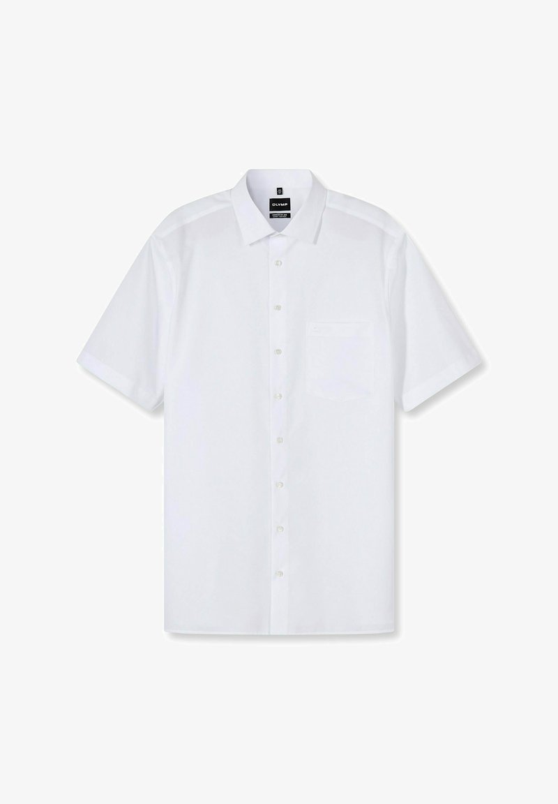 Herren weißes kurzärmliges Hemd mit Knopfleiste, Kragen und Brusttasche, flach auf einem weißen Hintergrund präsentiert.