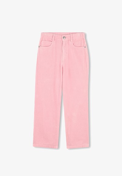 Rosa corduroy broek met een rechte snit, voorzien van twee voorzakken, een knoopsluiting en een subtiele steraccent nabij de zak.