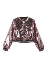 Krátká bombardérka v růžových flitrech s elastickými manžetami a lemem. Má černý zip a barevně pruhované detaily u výstřihu a na lemu.