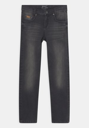 Dunkelgraue Slim-Fit-Jeans für Kinder im Alter von 9-10 Jahren mit leichtem Ausbleichen an den Oberschenkeln und fünf Taschen.