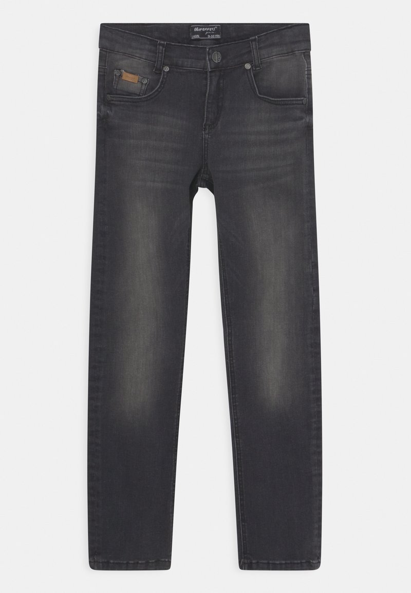 Jean slim fit gris foncé pour enfants de 9-10 ans avec légère décoloration sur les cuisses et design cinq poches.