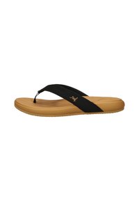 Black flip-flop sandal with a textured fabric strap and a cushioned tan sole. Lightweight design with a subtle brand logo on the strap.