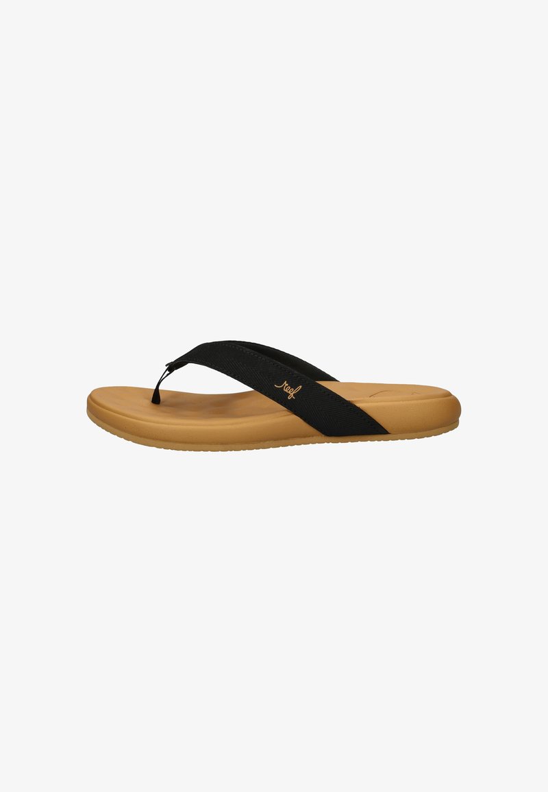 Black flip-flop sandal with a textured fabric strap and a cushioned tan sole. Lightweight design with a subtle brand logo on the strap.