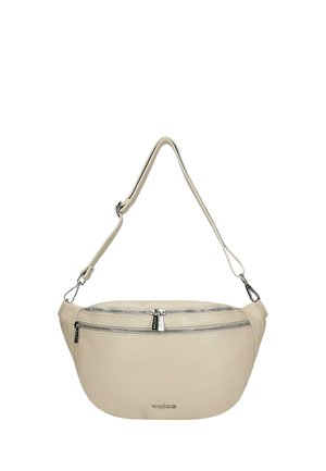 Beżowa skórzana torba na ramię z regulowanym paskiem, dwoma poziomymi komorami na suwak i metalowym logo marki z przodu.