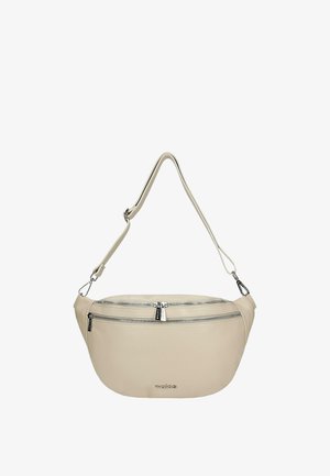 Beżowa skórzana torba na ramię z regulowanym paskiem, dwoma poziomymi komorami na suwak i metalowym logo marki z przodu.