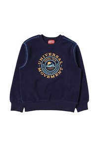 Felpa in pile navy con polsini e orlo a coste, caratterizzata da un logo ricamato multicolore che recita "UNIVERSAL MOVEMENT" sul fronte.