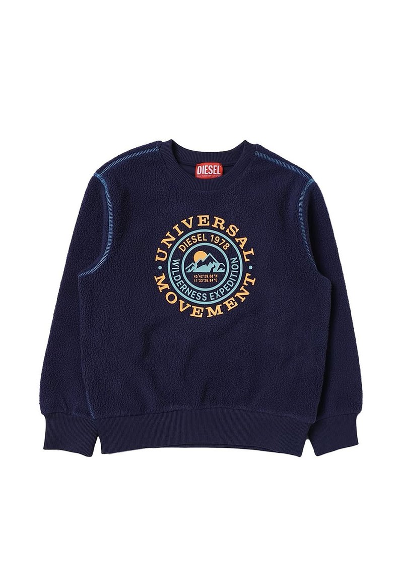 Felpa in pile navy con polsini e orlo a coste, caratterizzata da un logo ricamato multicolore che recita "UNIVERSAL MOVEMENT" sul fronte.