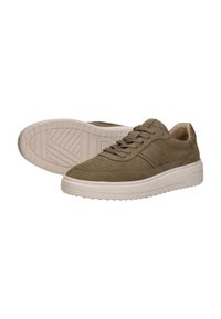 Oliegroene sneakers met een gestructureerde bovenkant, vetersluiting en witte rubberen zool. Kenmerkt zich door een patroonafwerking en een gevoerde binnenkant.