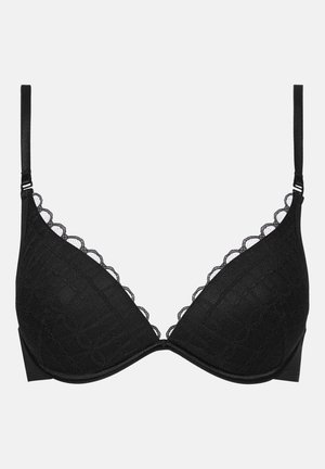 Black lace padded bra with adjustable straps and scalloped lace trim along the top edges against a plain background.