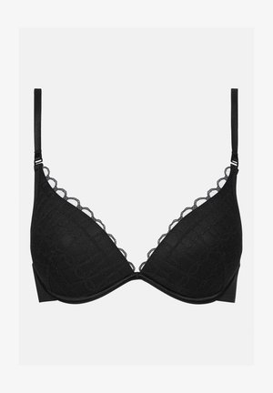 Black lace padded bra with adjustable straps and scalloped lace trim along the top edges against a plain background.