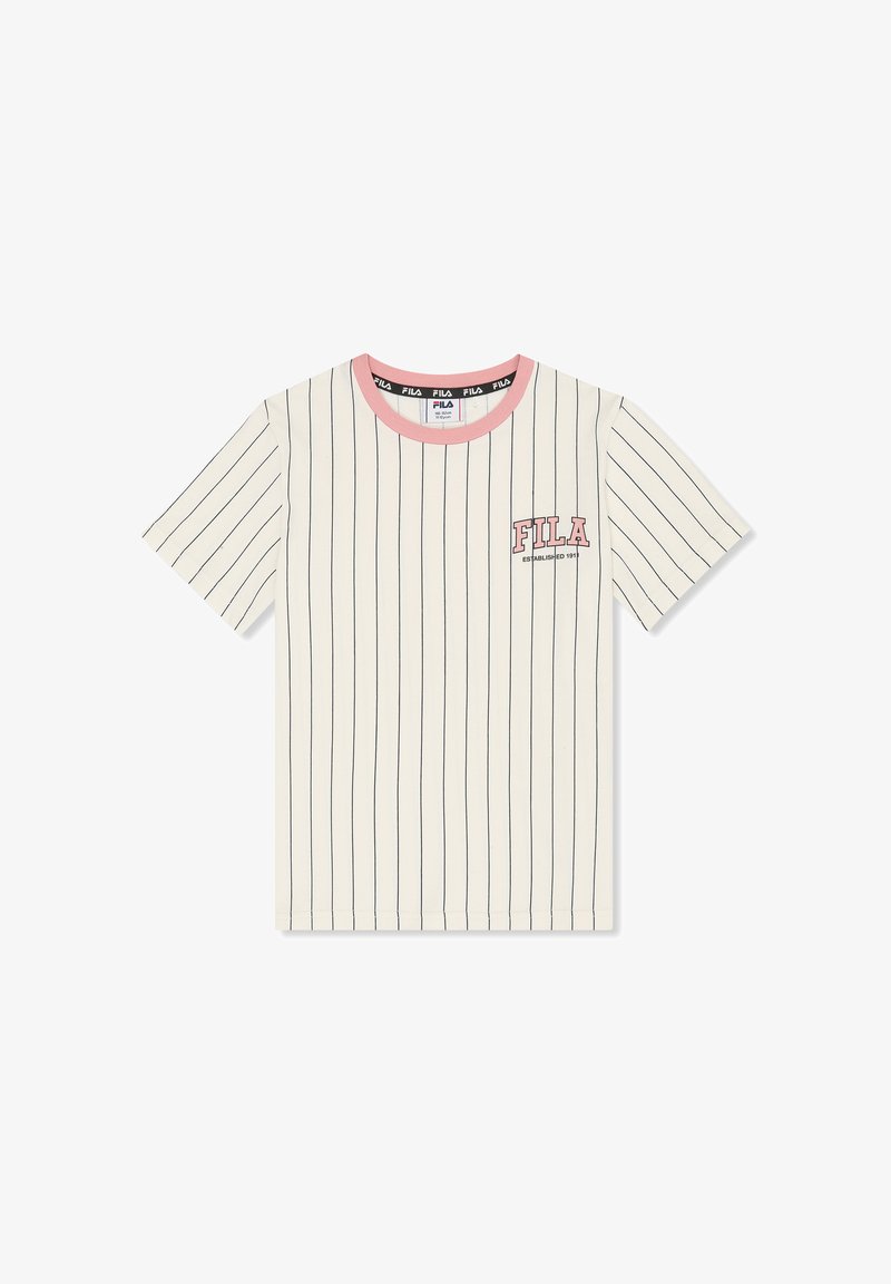 Weißes T-Shirt mit kurzen Ärmeln, dünnen schwarzen vertikalen Streifen, rosa Kragen und rosa "FILA"-Logo mit dem Text "Established 1911" auf der Brust.