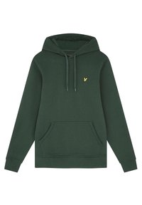 Hoodie verde in cotone con tasca frontale, cappuccio regolabile con cordino e un piccolo logo giallo sul petto. Tessuto confortevole e design casual.