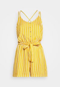 Žluto-bíle pruhovaný bezrukávový overal s předními knoflíky, tenkými zkříženými ramínky a opaskem v pase.