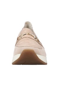 Light pink slip-on shoe featuring a suede upper, mesh sides, and a metallic chain accent. Thick white sole with textured brown outsole.