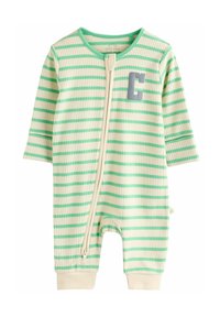 Grøn- og cremefarvet stribet baby romper med korte ærmer, ribbet tekstur, lynlåslukning foran og en grå "C"-detalje på brystet.