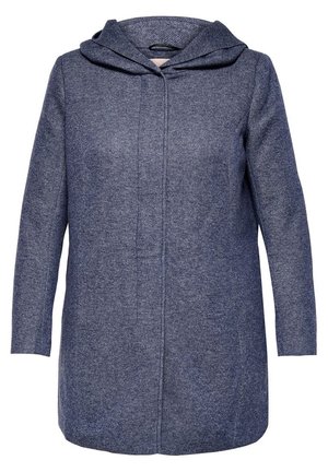 Grijze wollen jas met lange mouwen, tot halverwege de dijen, met kap en een verborgen sluiting aan de voorkant, afgebeeld op een effen witte achtergrond.
