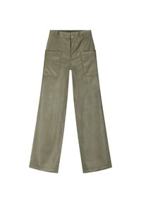 Olijfgroene wijde broek van glad faux leather. Voorzien van een elastische tailleband en twee grote opgestikte zakken op de achterkant.