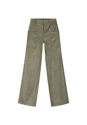 Olivegrüne weite Hosen aus glattem Kunstleder. Mit Gummibund und zwei großen aufgesetzten Taschen auf der Rückseite.