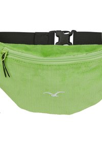 Grüner Cordura-Bauchtasche mit strukturiertem Oberflächen, schwarzem verstellbarem Gurt und einem vorderen Reißverschluss mit einem kleinen weißen Logo.