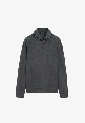 Halvdraget tröja i mörkgrått tyg, med en V-formad krage, långa ärmar, ribbade muddar och en rak fåll utan mönster.